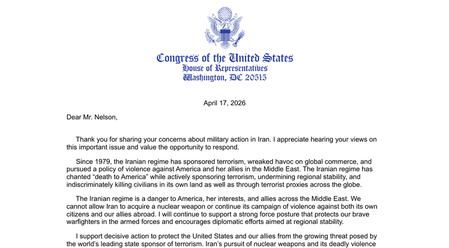 Second reply from Congressman Kean's office, April 17, 2026