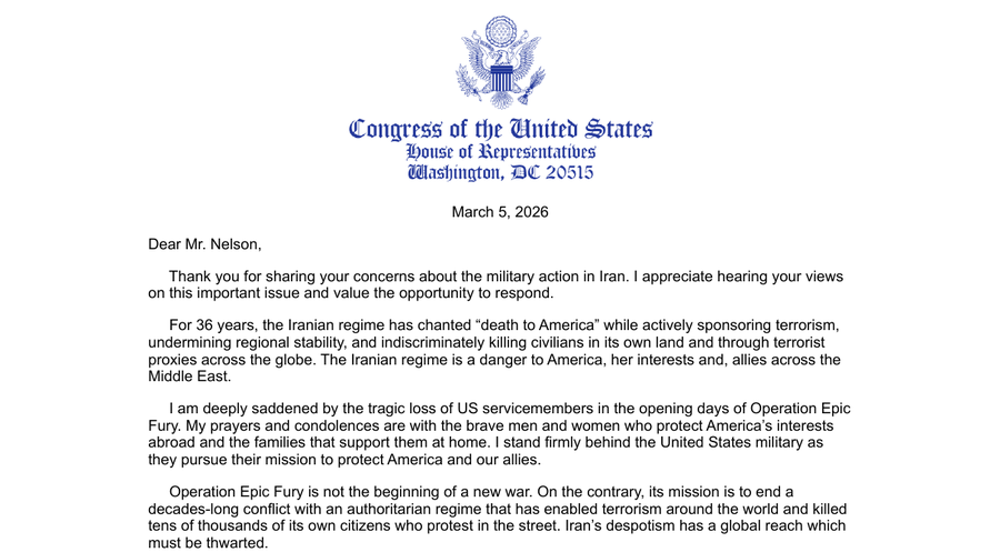 First reply from Congressman Kean's office, March 5, 2026